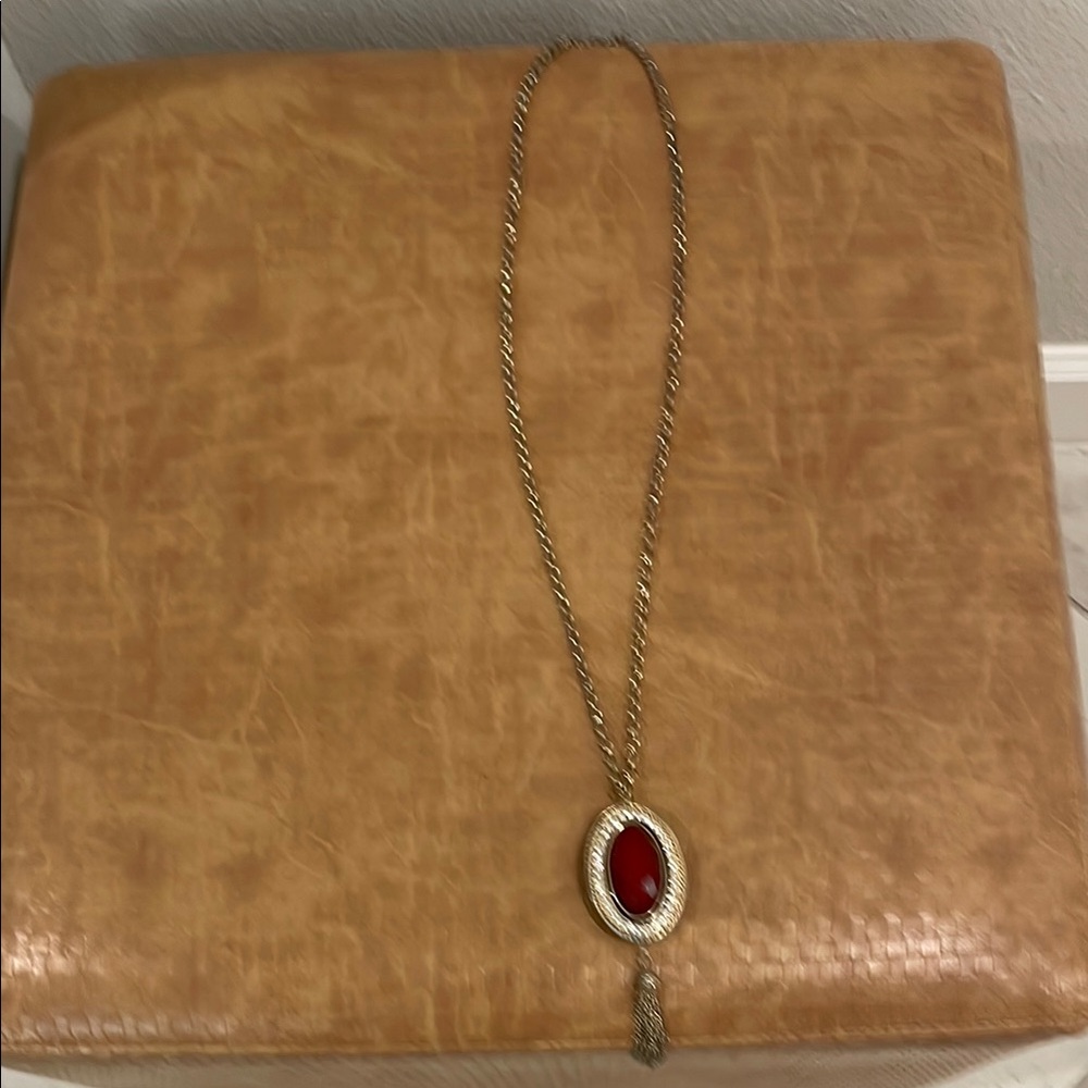 Gold tone  Necklace with Red Gemstone Pendant